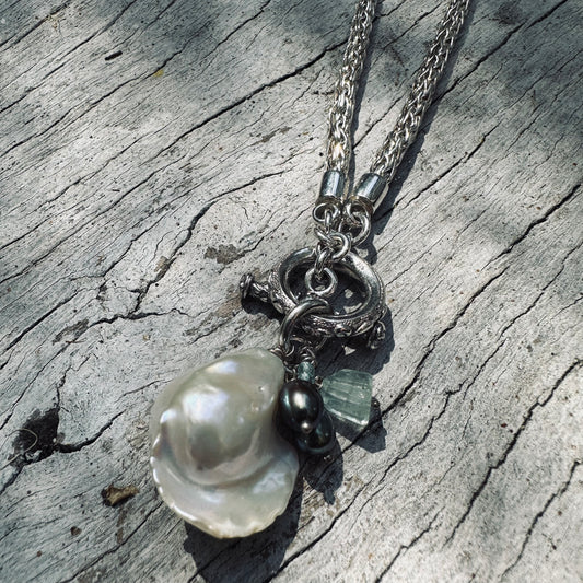 Necklace - Freshwater Pearl and Tahitian Pearl with Aquamarine