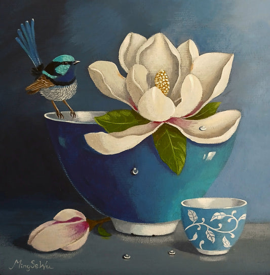 Magnolia and Wren with Blue Cup