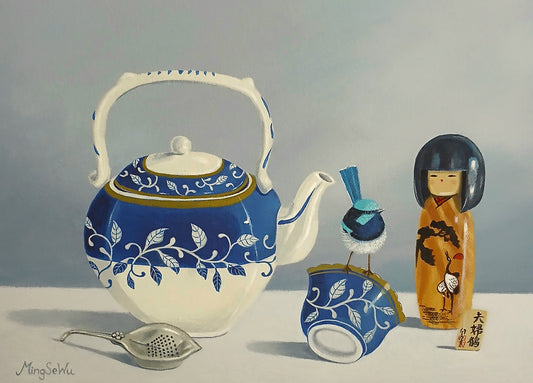 Blue and White Teapot and Doll