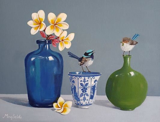 Frangipani with Wrens and Glass