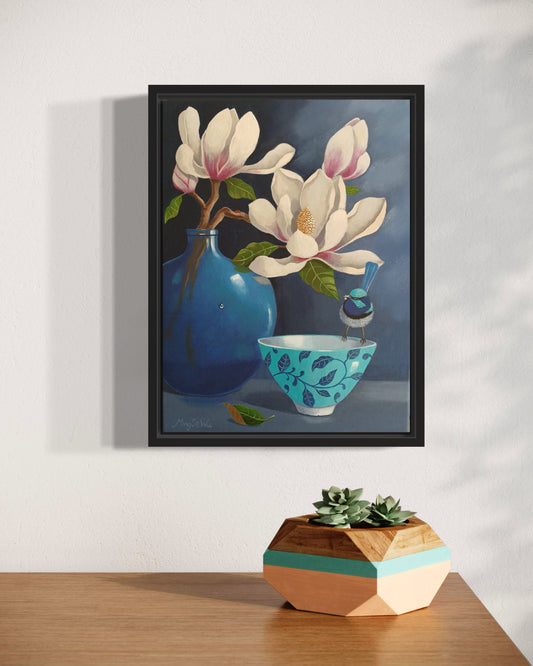 Magnolia in Blue Vase with Wren