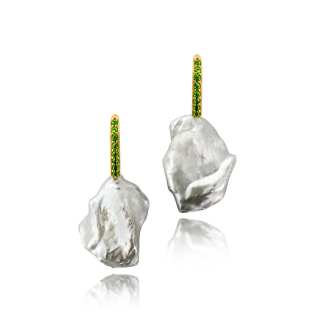 Earrings - Echoes of the Sea, Fresh Water Baroque Pearl with Yellow Gold Finish and Chrome Diopside