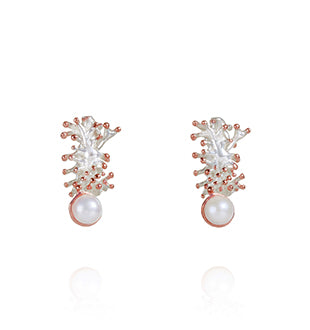 Earrings - Anemone Short Drop with Rose Gold Accents,  White Pearl