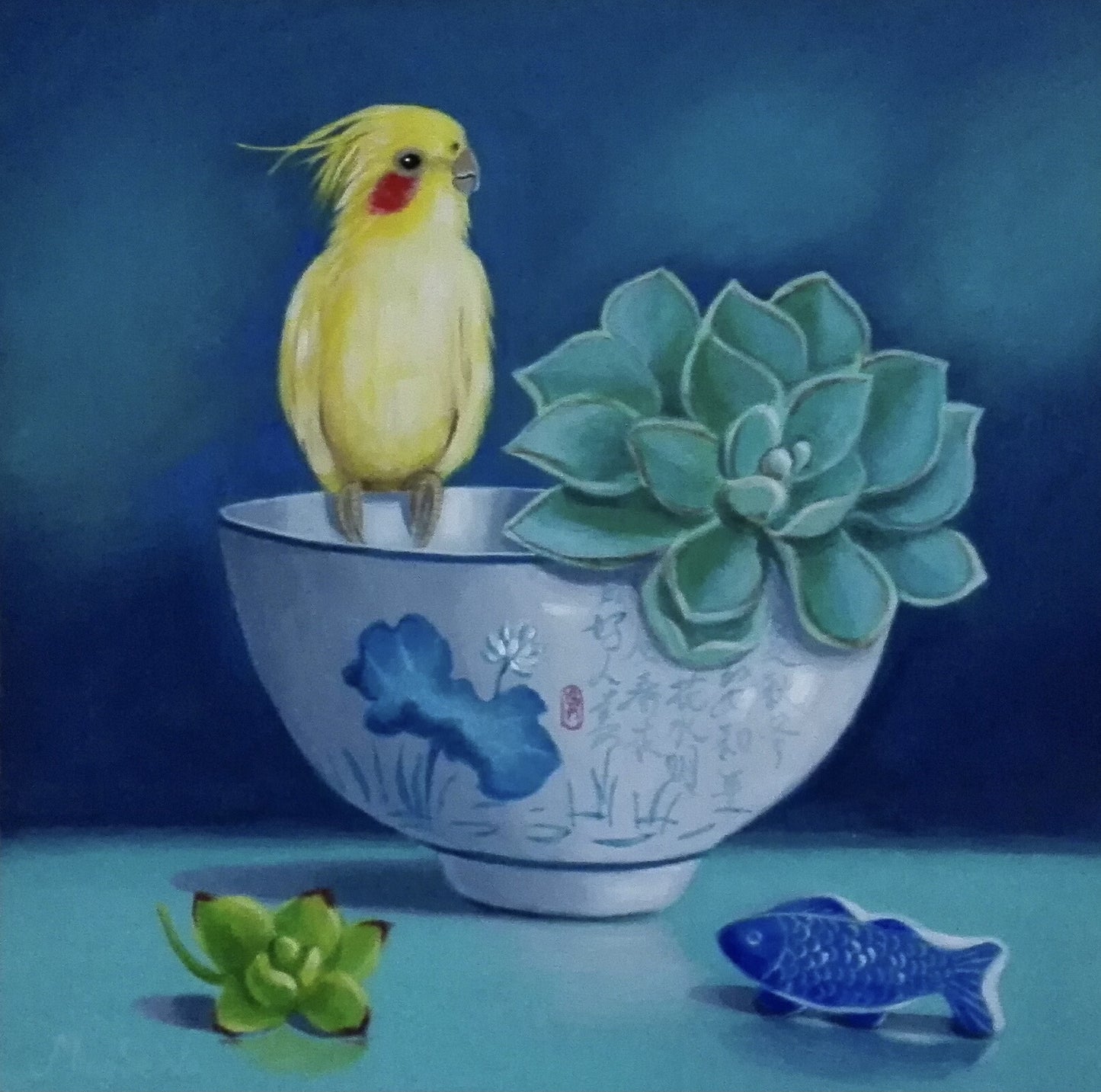 Cockatiel, Bowl and Fish