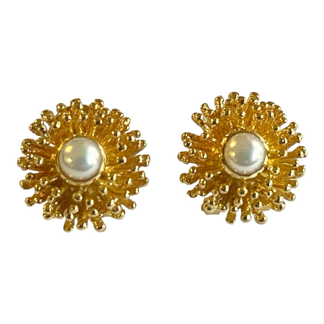 Earrings - Anemone Large Stud, Yellow Gold Finish with White Pearl