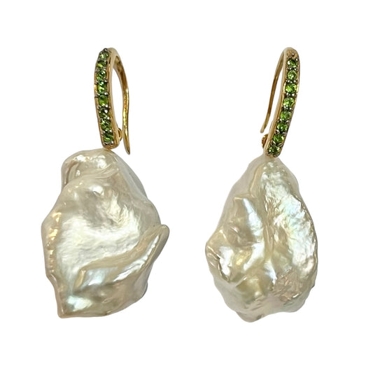 Earrings - Echoes of the Sea, Fresh Water Baroque Pearl with Yellow Gold Finish and Chrome Diopside