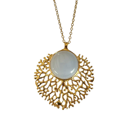 Pendant - Fan of the Sea, Yellow Gold Finish and Blue Chalcedony