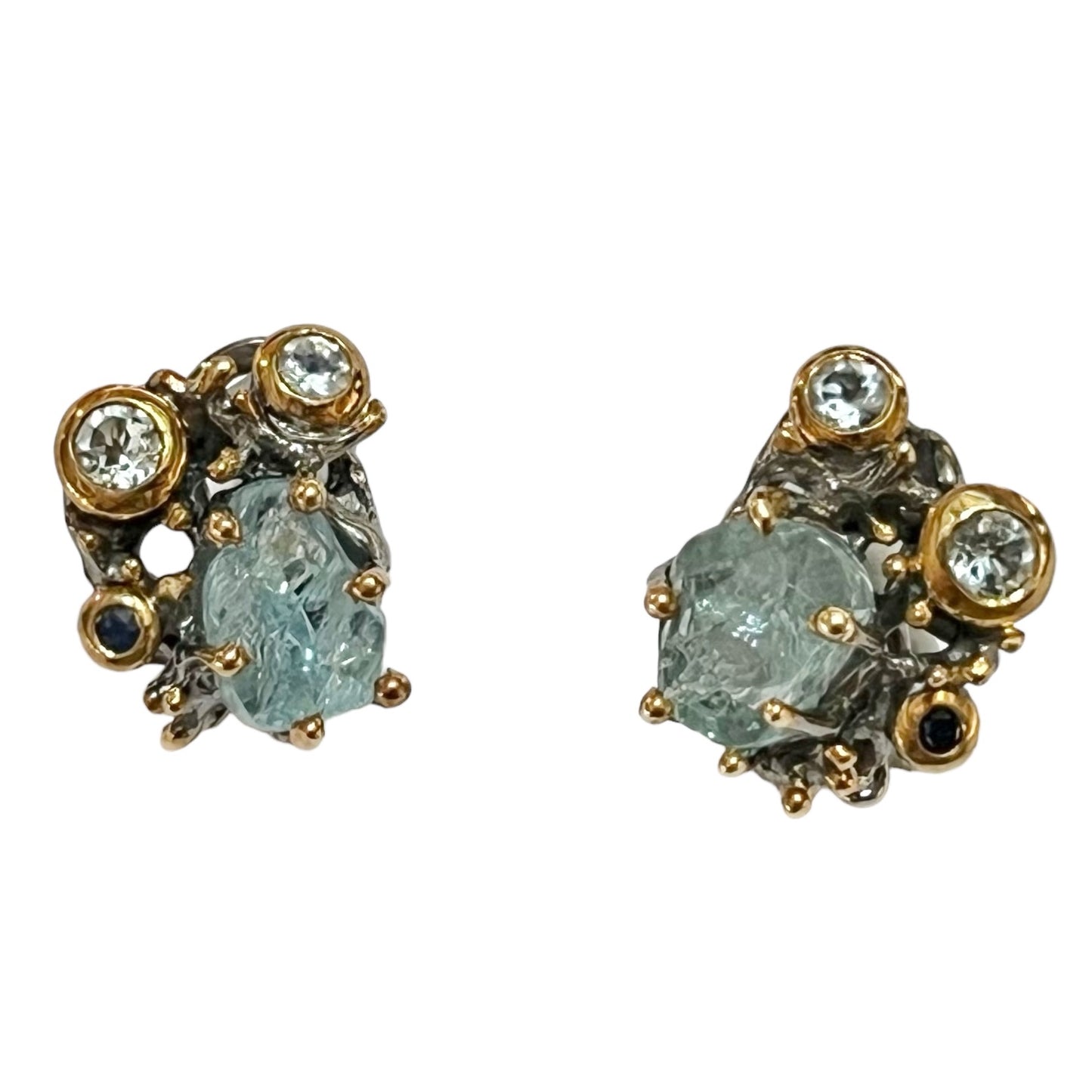 Earrings - Jewel of the Sea, Black Rhodium, Yellow Gold Accents and Aquamarine