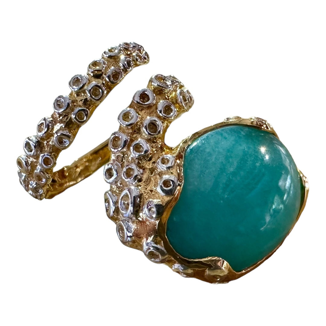 Ring - Octopus, Yellow Gold Finish Featuring Amazonite