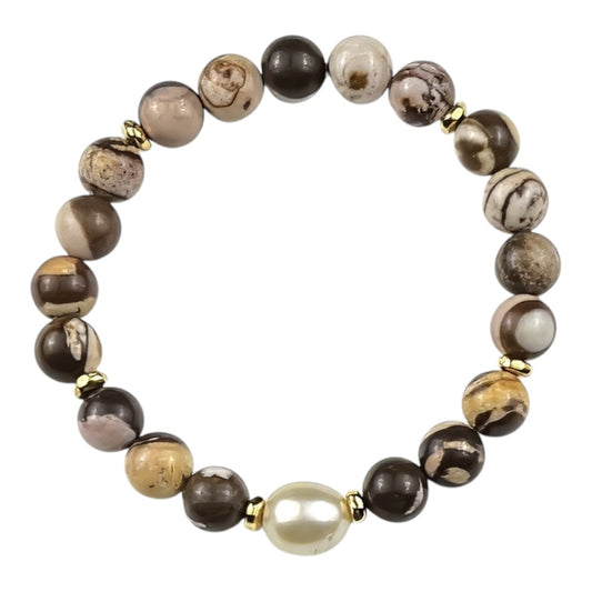 Bracelet - 10mm Champagne Broome South Sea Pearl and Zebra Stone Beads