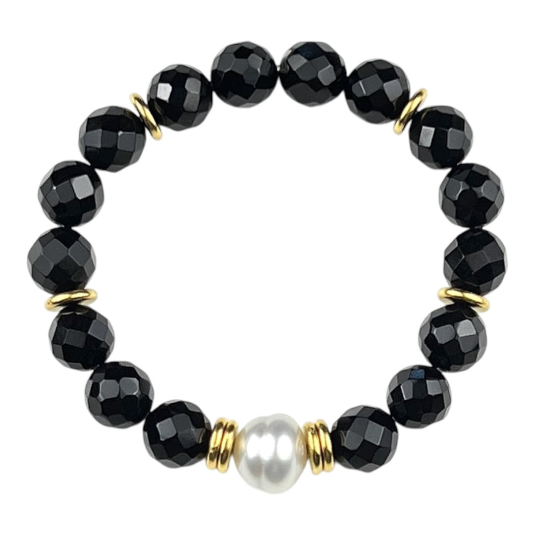 Bracelet - 12mm White Broome South Sea Pearl and Black Onyx Beads