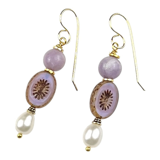 Earrings - Freshwater Pearls, Western Australian Lepidolite and Chez Glass