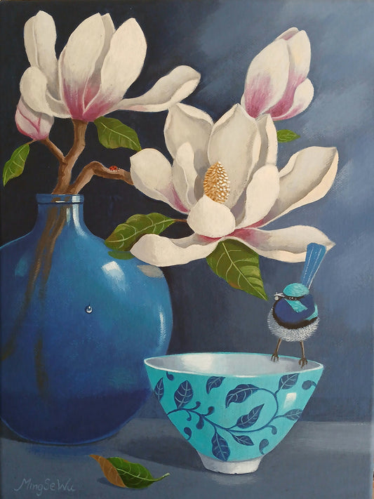 Magnolia in Blue Vase with Wren