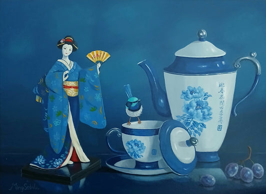 Blue Wren, Teapot, Cup and Doll