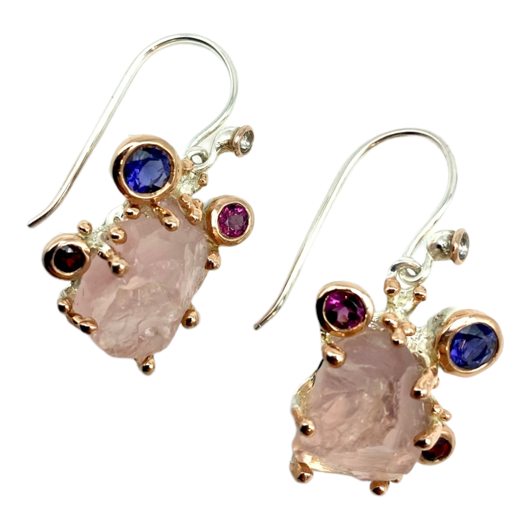 Earrings - Jewel of the Sea, Large Raw Rose Quartz