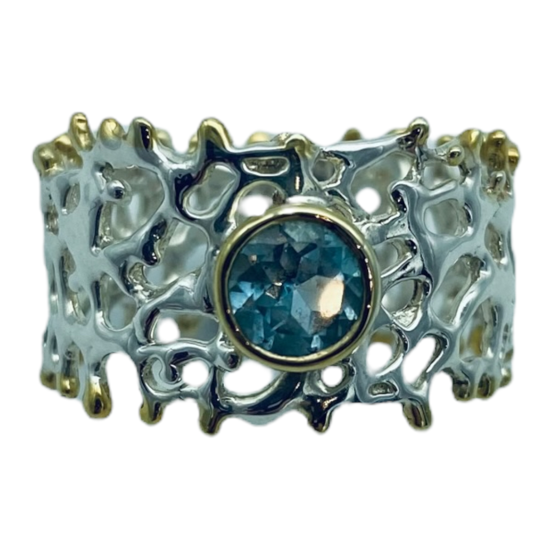 Ring - Fan of the Sea, Sterling Silver, Yellow Gold Accents, Topaz