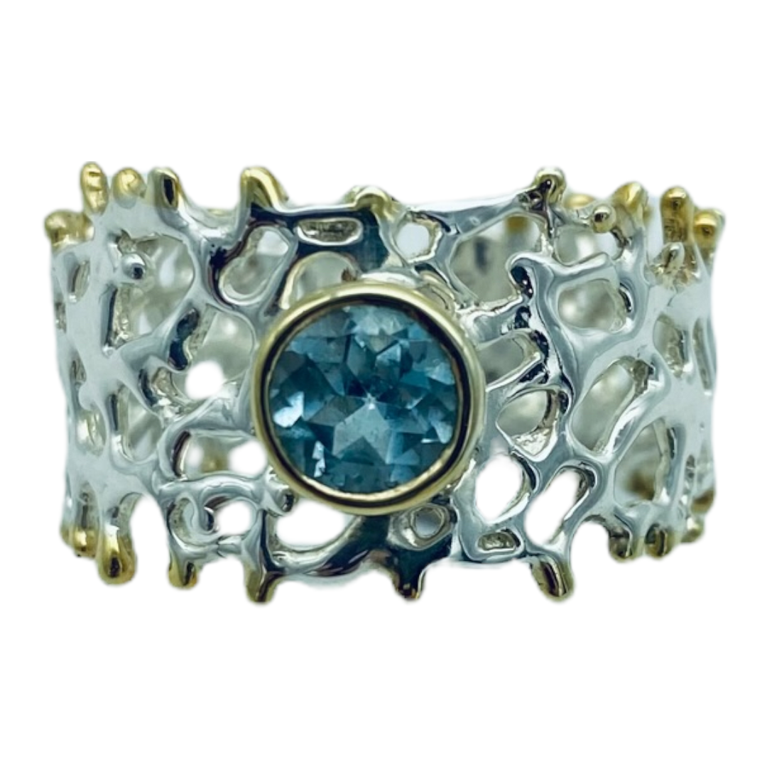 Ring - Fan of the Sea, Sterling Silver, Yellow Gold Accents, Topaz