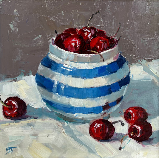 Cherries in Striped Bowl